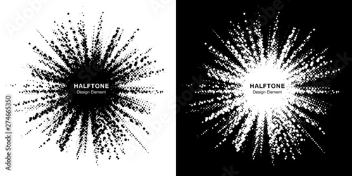 Halftone star frame set. Grunge spot border using halftone circle dots raster texture. Sale design element. Boom shape.  Explosion template. Vector illustration.