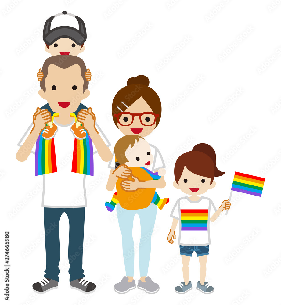 Young family wearing rainbow goods fashion - LGBT parade concept art Young family wearing rainbow goods fashion - LGBT parade concept art