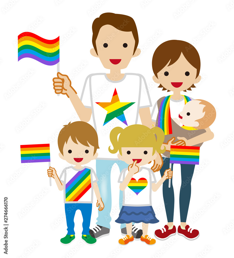 Young family wearing rainbow goods and holding flags - LGBT parade concept art Young family wearing rainbow goods and holding flags - LGBT parade concept art