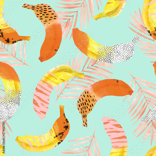 Fun bananas and palm leaves print in 80s 90s pop art style.