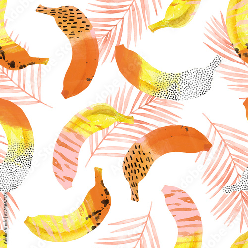 Fun bananas and palm leaves print in 80s 90s pop art style