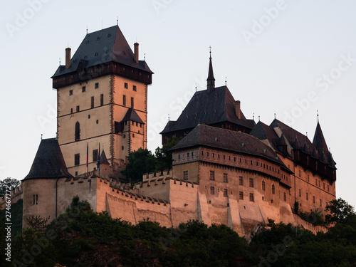 Gothic Karlstejn Castle at Sunset in Bohemia Czech Republic, a Medieval Fortress buildt by Charles IV ind Central Europe