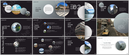 Minimal presentations design, portfolio vector templates with gray colorful circle elements on black background. Multipurpose template for presentation slide, flyer leaflet, brochure cover, report.