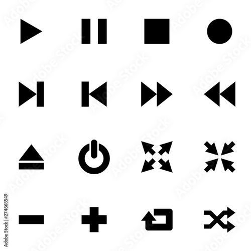 Flat black media player icon set