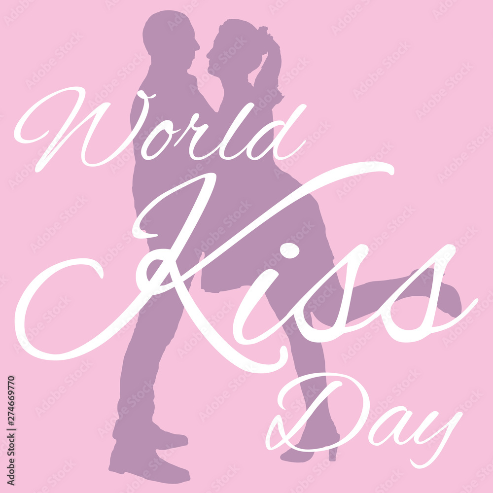Romantic and love background for World Kiss Day. Silhouette of kissing man and woman. Icon flat image with text. Template for social poster, banner, media stories, card, flyer.