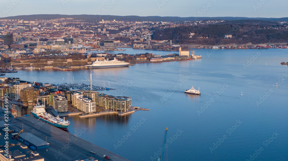 Sunset aerial view on Aker Brygge and Filipstad in Oslo, Norway