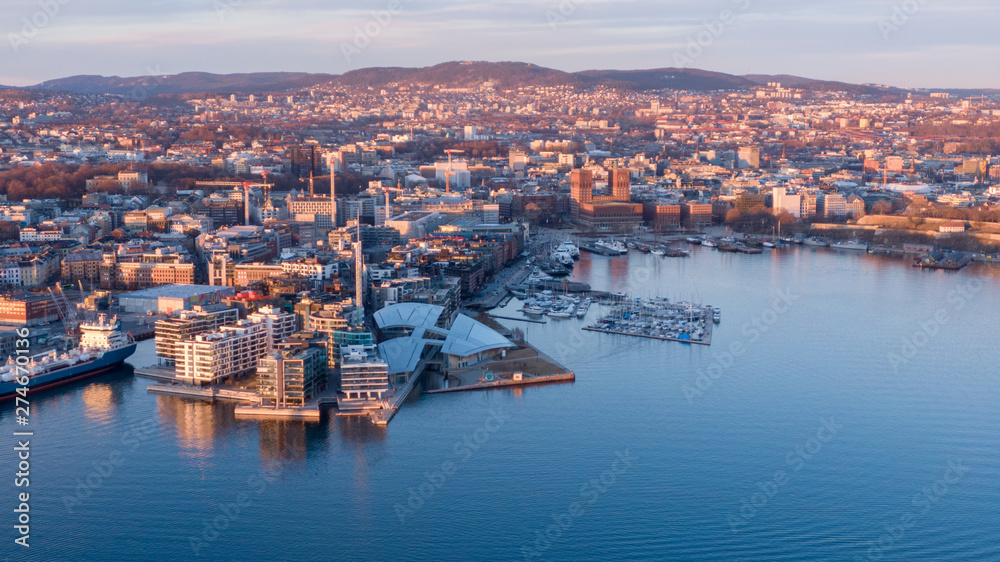 Sunset aerial view on Aker Brygge and Filipstad in Oslo, Norway