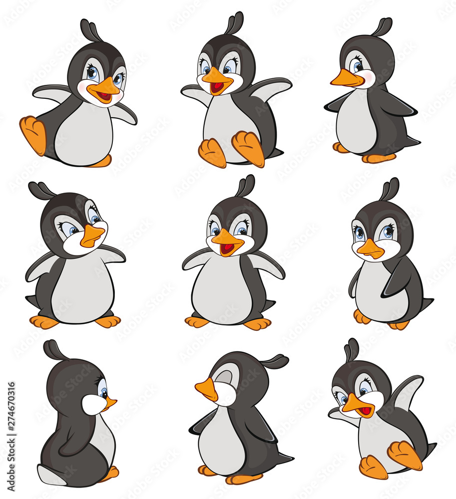 Obraz premium Vector Set Illustration of a Cute Cartoon Character Penguin for you Design and Computer Game