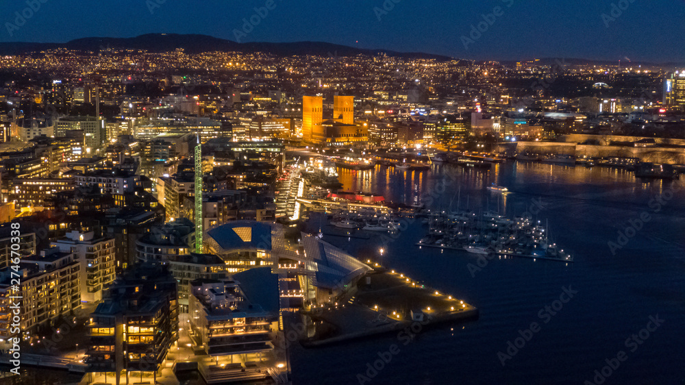 Night aerial view on Aker Brygge and Filipstad in Oslo, Norway