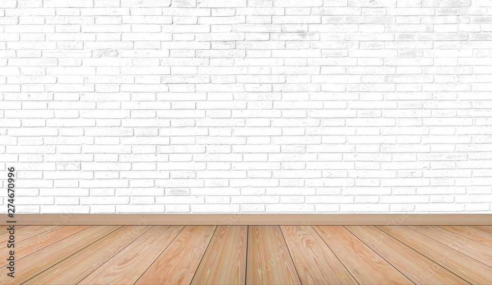 Empty interior room with white brick wall texture and brown wooden floor pattern. Concept interior vintage style Empty interior room with white brick wall texture and brown wooden floor pattern. Concept interior vintage style