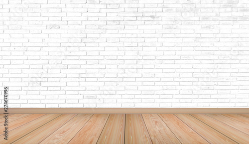 Empty interior room with white brick wall texture and brown wooden floor pattern. Concept interior vintage style