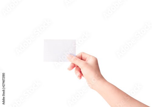 Woman hand holding paper isolated on white background