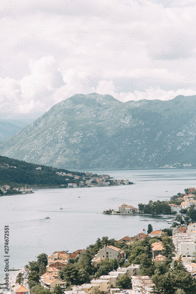  Nature and sea in Europe. Morning and evening in the Bay of Kotor, Montenegro.