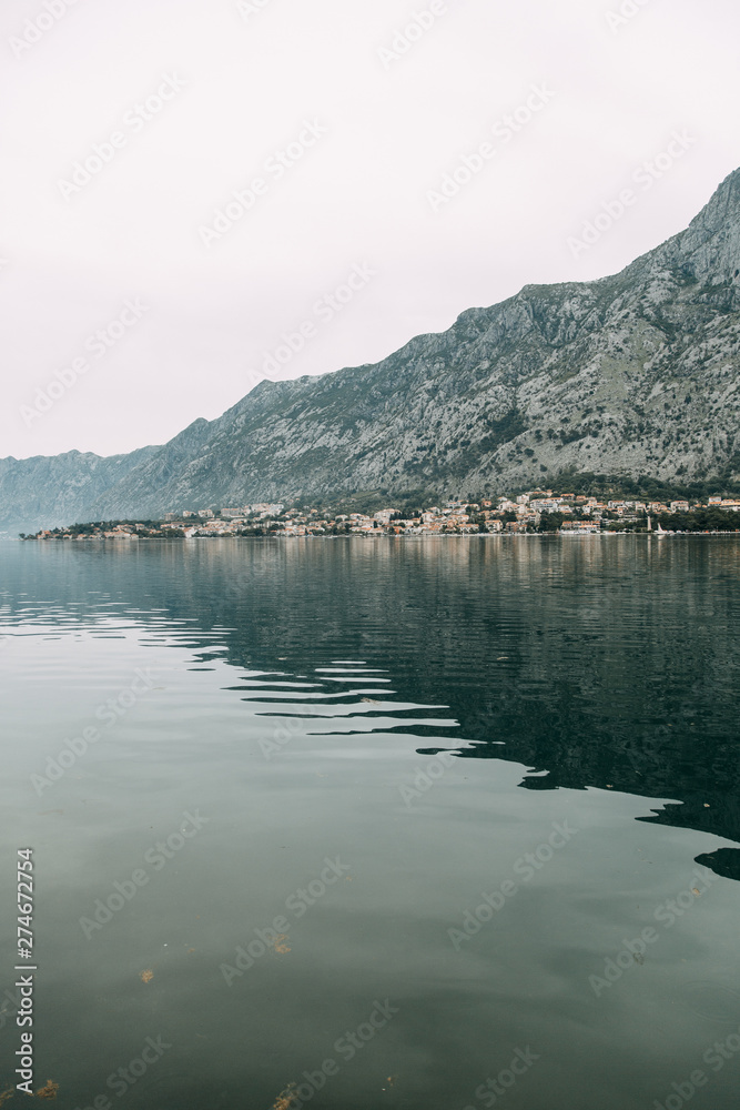  Nature and sea in Europe. Morning and evening in the Bay of Kotor, Montenegro.