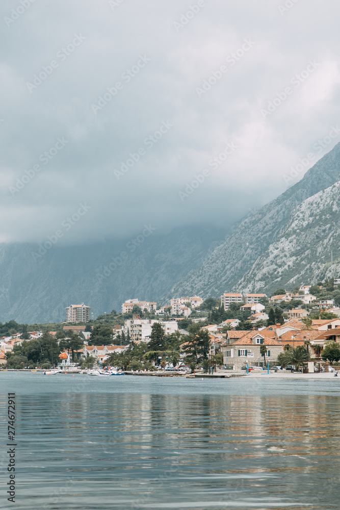  Nature and sea in Europe. Morning and evening in the Bay of Kotor, Montenegro.