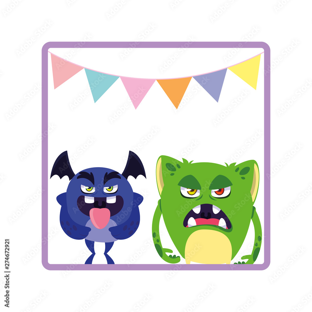square frame with funny monsters and garlands hanging