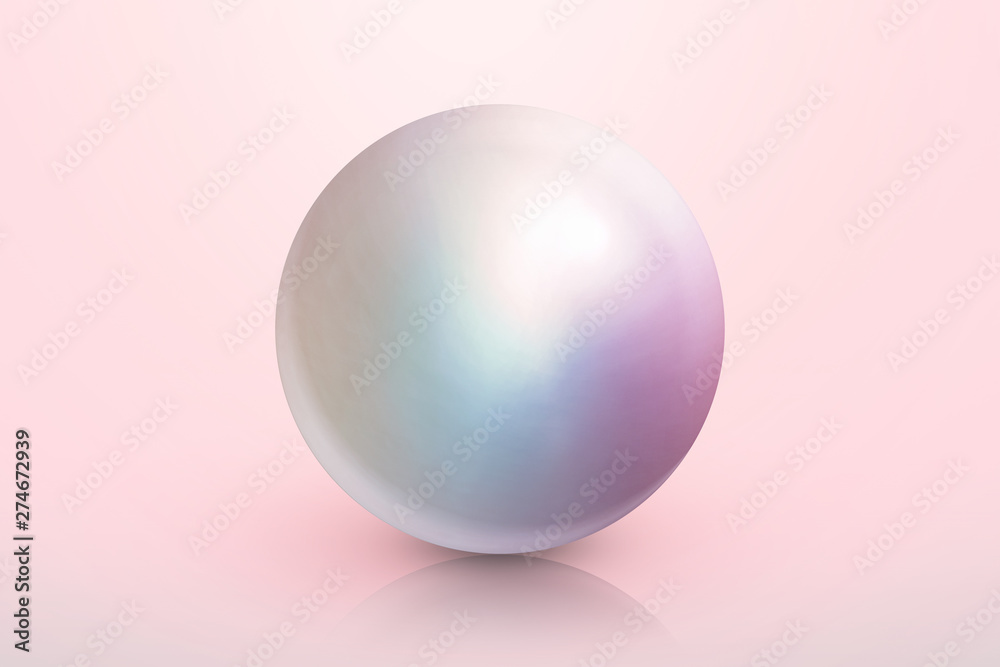 Fototapeta premium Shiny pearls on soft pink background. Luxury beautiful shining jewellery background with rose pearl. Realistic single shiny natural rainbow sea pearl with light effects. 3D render.