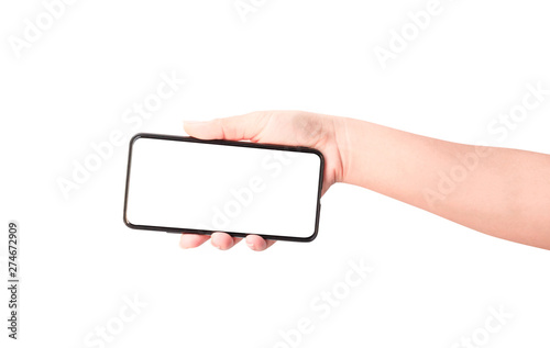 Woman hand holding the black smartphone