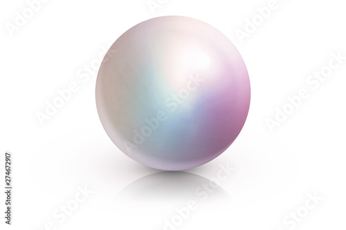 Realistic single shiny natural rainbow sea pearl with light effects isolated on white background. Spherical beautiful orb with transparent glares and highlights. Jewel gems. 3D render.