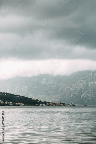  Nature and sea in Europe. Morning and evening in the Bay of Kotor, Montenegro.