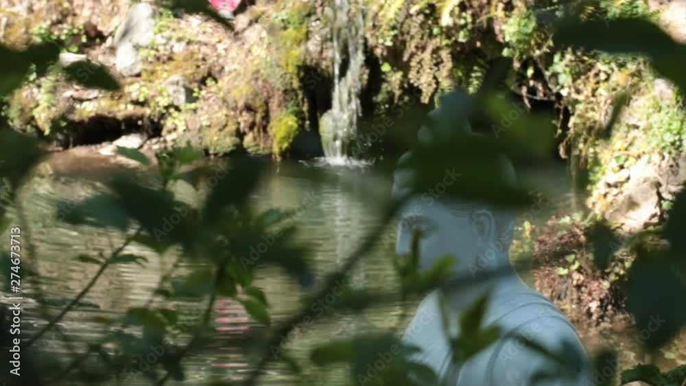 Meditation near the water. Spiritual yoga concept with a buddha statue on the river and various element of nature lake water, green leaves and a little waterfall Meditation near the water. Spiritual yoga concept with a buddha statue on the river and various element of nature lake water, green leaves and a little waterfall