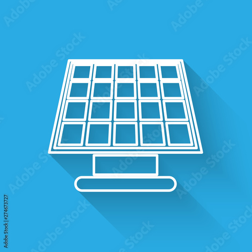 White Solar energy panel line icon isolated with long shadow. Vector Illustration
