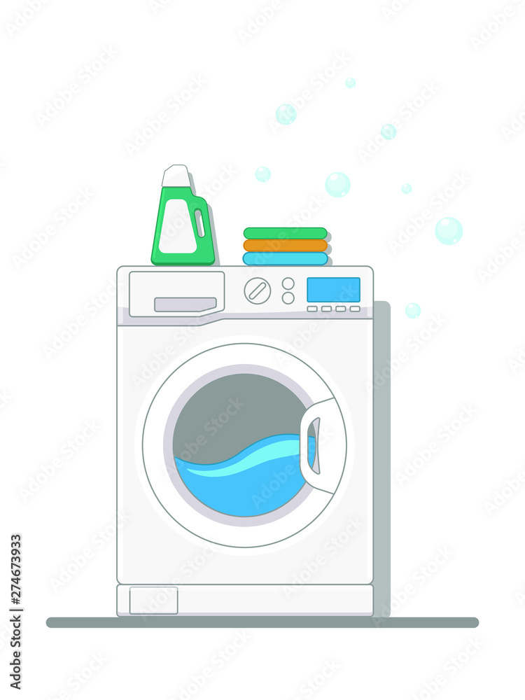 Washing machine with clean clothes, bubbles and detergent. Flat style vector illustration Washing machine with clean clothes, bubbles and detergent. Flat style vector illustration