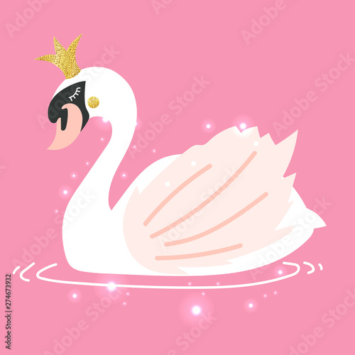 Beautiful white romantic dreaming swan princess with crown and floral flowers bouquet