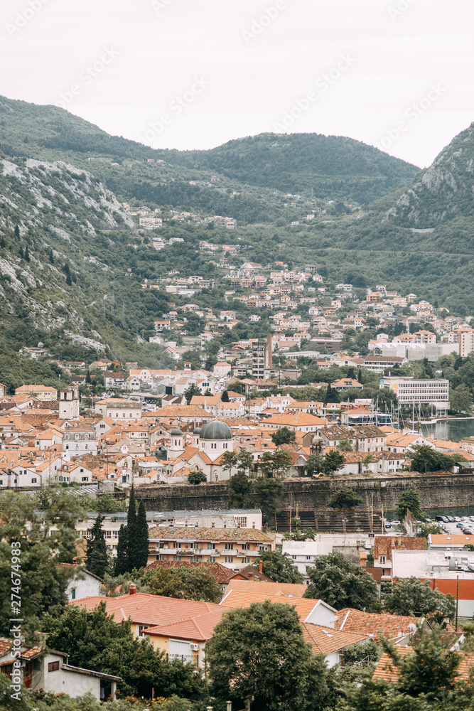  Sights of Montenegro and streets. Panorama of the Bay of Kotor and the old town.