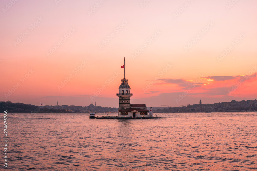 Sunset view of Maiden Tower(Kiz kulesi) in Bosphorus ,Istanbul Turkey