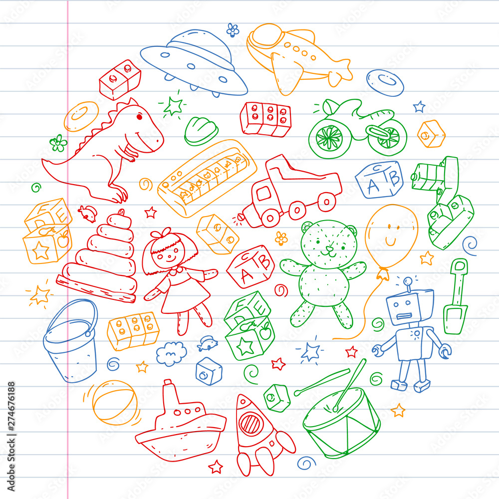Vector pattern with kindergarten, toy children. Happy children illustration. Drawing on a notebook in a exercise notebook.