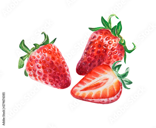 Watercolor red juicy strawberries with half berry. Food background, painted bright composition. Hand drawn food illustration. Fruit print. Summer sweet fruits and berries.