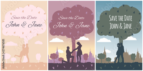 Set banner - silhouette of man and woman in different poses standing under a tree on background city skyline. Wedding vector outdoor invite invitation thank you, rsvp card. Cartoon romantic template.