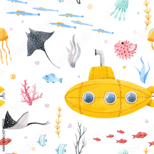 Watercolor underwater submarine vector pattern