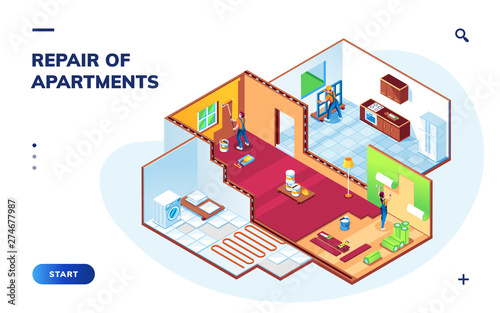 Isometric apartment with repair workers. Room maintenance or home renovation smartphone application or app. Painters and foreman doing wallpapering, repairman mounting window. Smartphone app