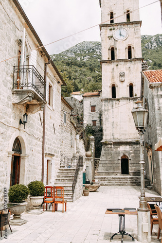 Streets and sights of the old town. Panorama of the city of Perast in Montenegro.