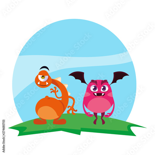 funny monsters couple in the field characters colorful