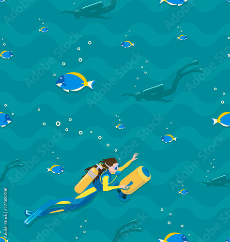 Girl scuba diver and tropical fish. Seamless pattern. Young woman in a diving suit and fins swimming underwater. Underwater background.