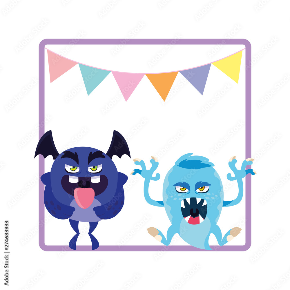 square frame with funny monsters and garlands hanging square frame with funny monsters and garlands hanging