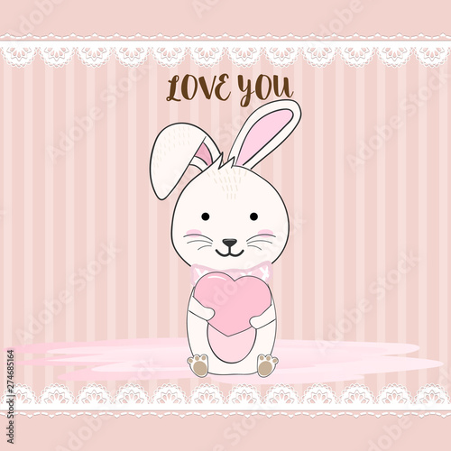 Cute  rabbit huging heart with lace and strips line animal cartoon
