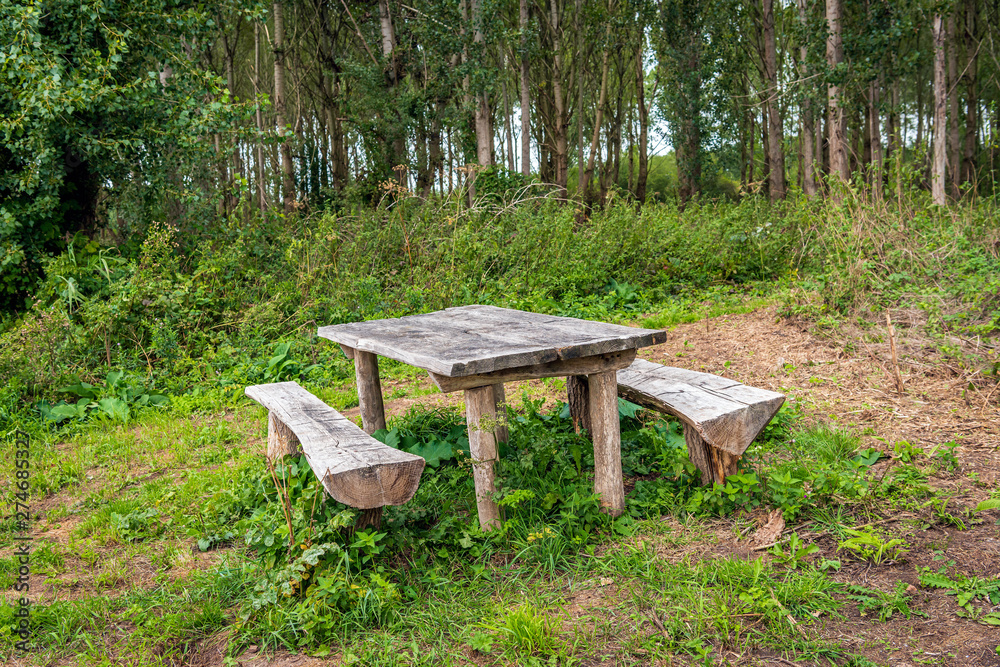 Simple rough wooden picnic set on the edge of the forest Simple rough wooden picnic set on the edge of the forest