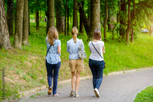 Fototapeta Naklejka Na Ścianę i Meble -  Three girls walk in the summer Park 