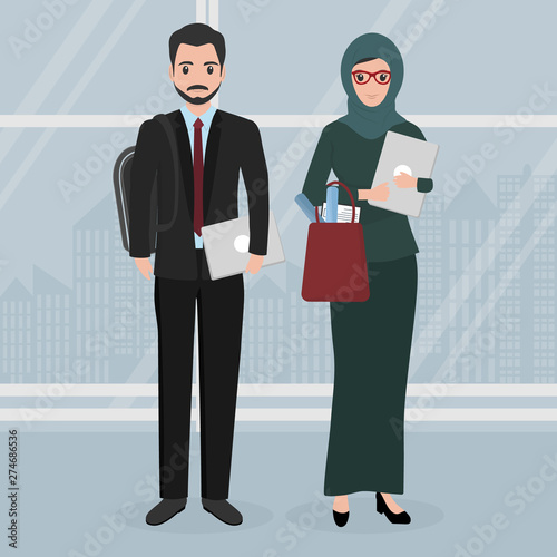 Muslim business woman and man character cartoon people icon