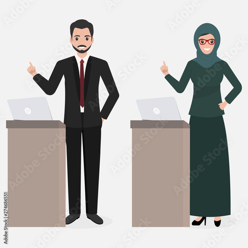 Muslim man and woman standing and presentation icon