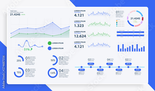 Dashboard, great design for any site purposes. Business infographic template. Vector flat illustration. Big data concept Dashboard user admin panel template design. Analytics admin dashboard