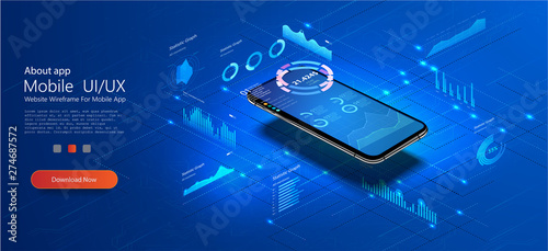 Mobile phone with online statistics and data Analytics.Digital money market, investment, finance and trading. Perfect for web design, banner and presentation. Isometric vector illustration.