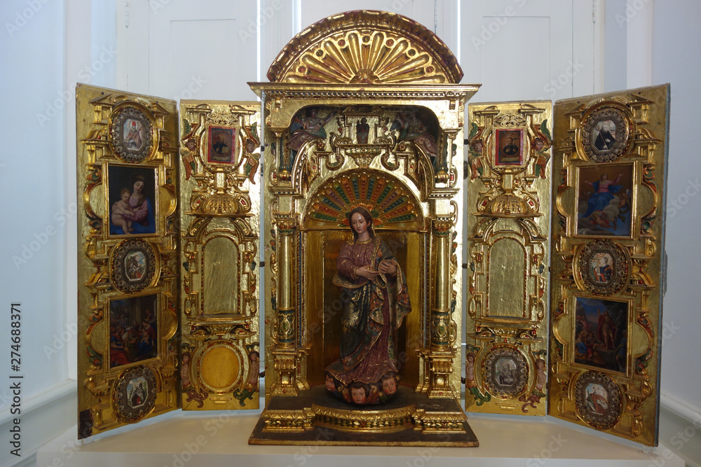 Lima, Peru - Nov 18, 2019: Spanish colonial religious artwork on display in the Pedro de Osma museum.