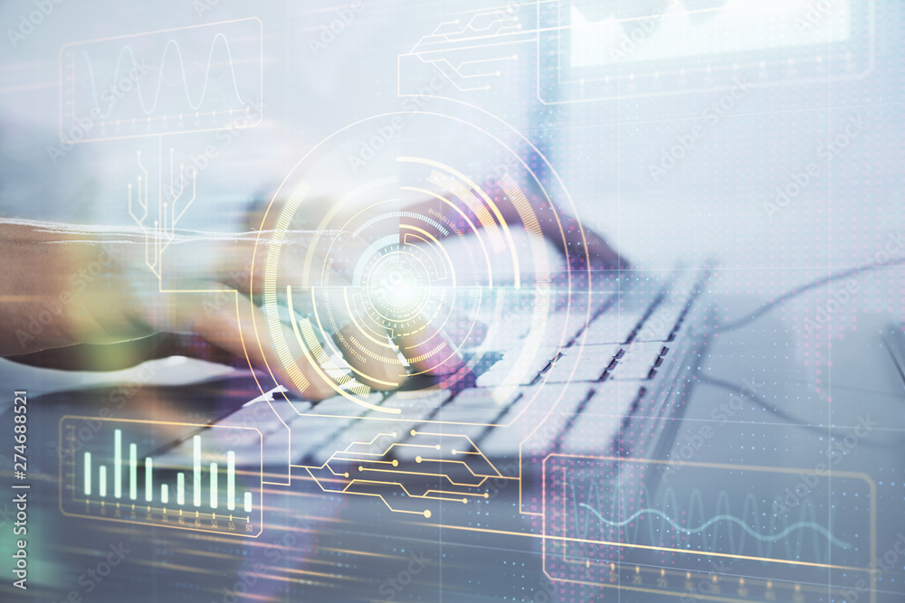 Double exposure of data internet theme hologram with man working on computer on background. Concept of innovation. Double exposure of data internet theme hologram with man working on computer on background. Concept of innovation.