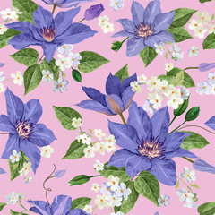 Fotobehang Lichtroze patronen Aquarel clematis bloemen tropisch patroon  © wooster