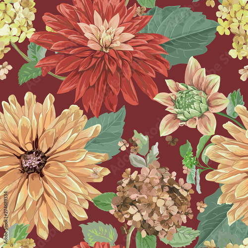 Seamless Pattern with Red Asters Flowers. Floral Background for Fabric Textile, Wallpaper, Wrapping. Watercolor Flowers Design. Vector illustration